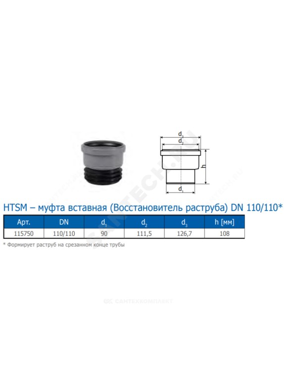 Муфта PP-H вставная серая HT HTSM Дн 110 б/нап в/к Ostendorf 115750