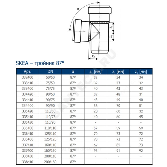 Тройник бесшумный светло-серый PP-MD Skolan Safe SKEA Ostendorf