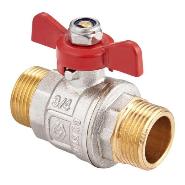 Кран латунный шаровой MVI BV.515 DN 20 PN 40 никелированный полнопроходной штуцер-штуцер бабочка