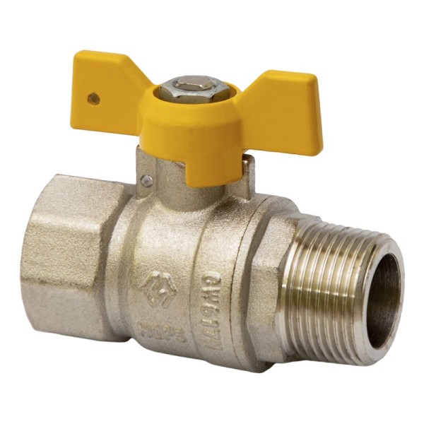 Кран латунный шаровой газовый MVI BV.814 DN 15 PN 25 никелированный полнопроходной муфта-штуцер бабочка