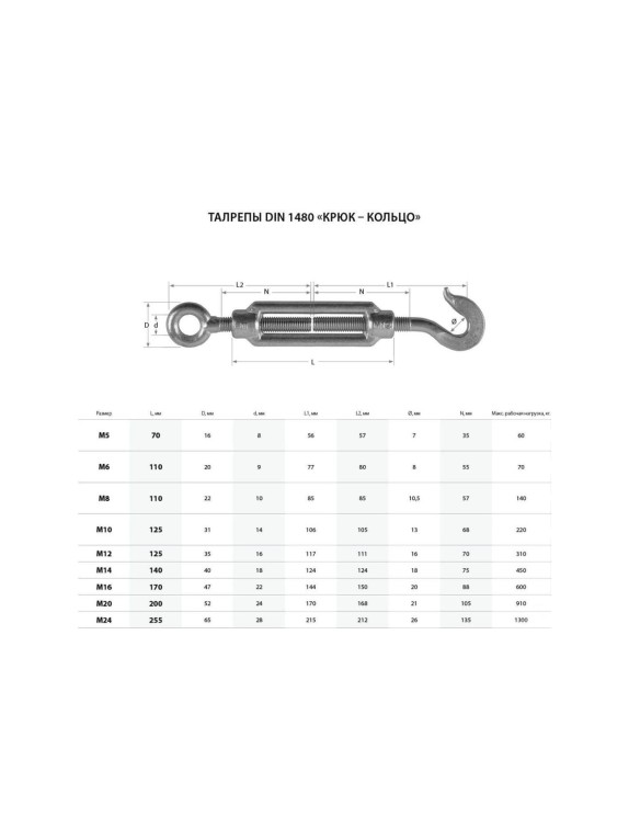 Талреп крюк-кольцо ТУНДРА krep DIN1480, М10, оцинкованный, 1 шт. 9443175