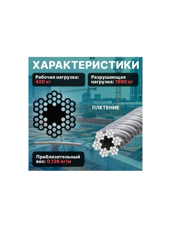 Стальной круглопрядный трос STARFIX SWR М6, DIN 3055, бухта 100 м SMP-53676-100