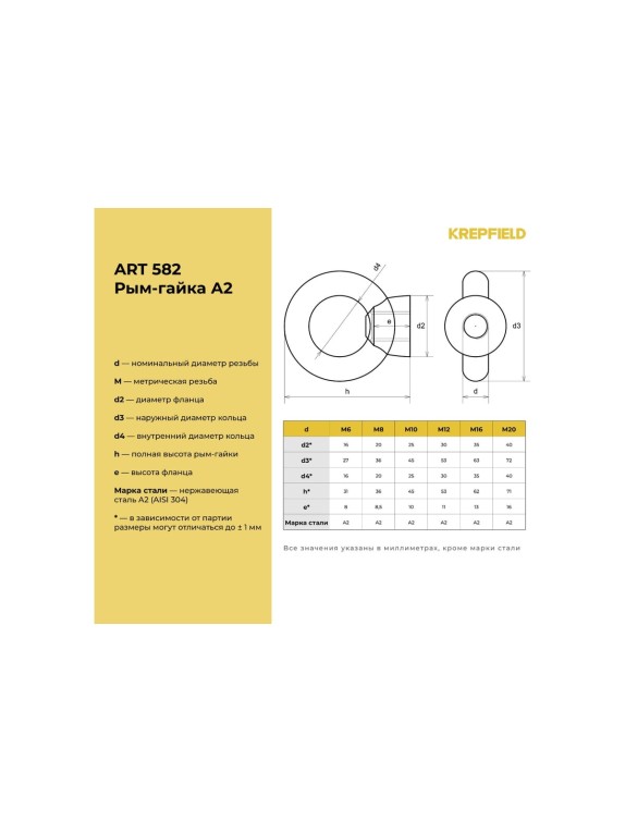 Нержавеющая рым-гайка KREPFIELD М8, ART 582, А2, 6 шт. 582А2РЫМГАЙКАМ8-6