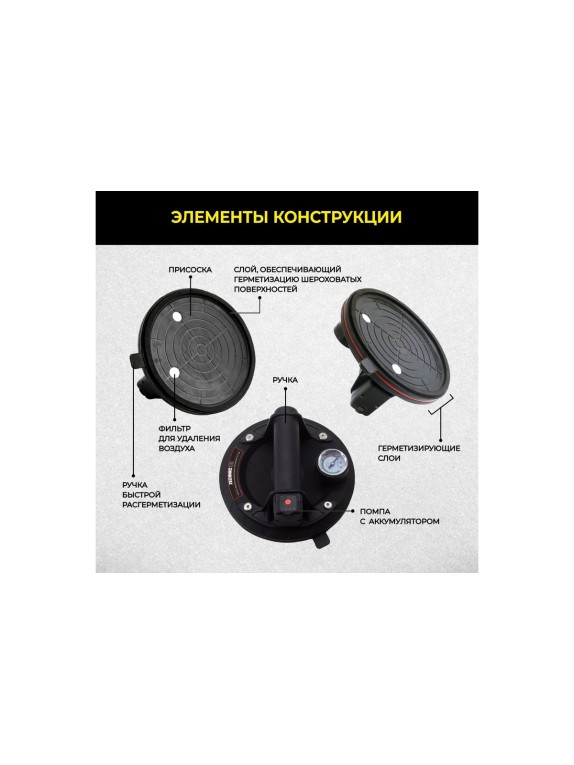Присоска TECHNICOM вакуумная аккумуляторная, 900 мАч, нагрузка 160кг, чаша 200мм, для гладкой и пористой поверхности TC-F180