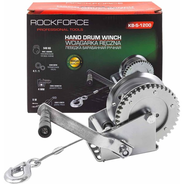 Лебедка ручная барабанная Rockforce 540 кг, стальной трос, диаметр троса 4 мм, длина троса 8 м RF-KB-S-1200(59185)