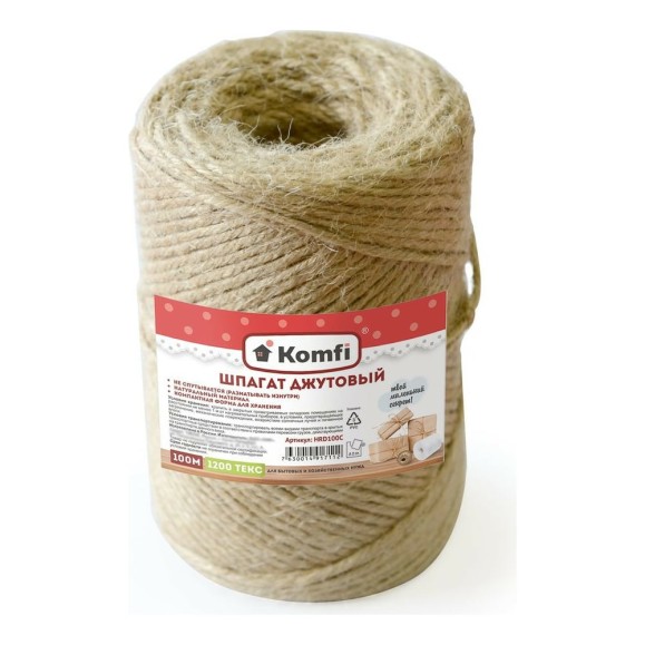 Джутовый шпагат Komfi 100 м, 1200 текс, бурый 122036 Джутовый шпагат Komfi 100 м, 1200 текс, бурый 122036