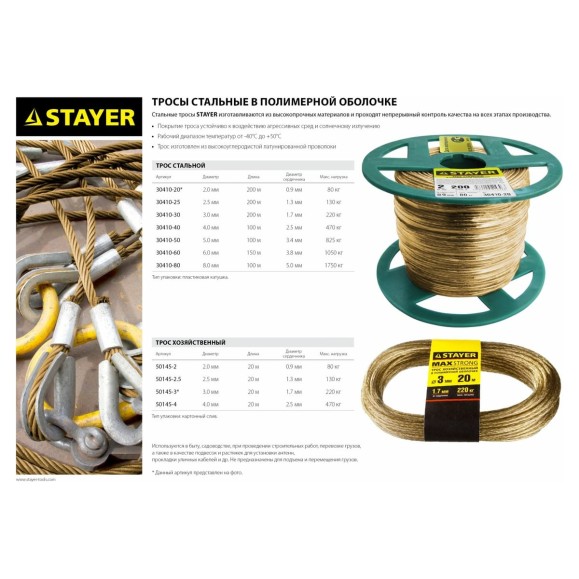 Стальной трос в полимерной оболочке STAYER d=2,5 мм, L=200 м 30410-25