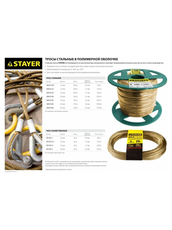 Стальной трос в полимерной оболочке STAYER 8 мм L=100 м 30410-80