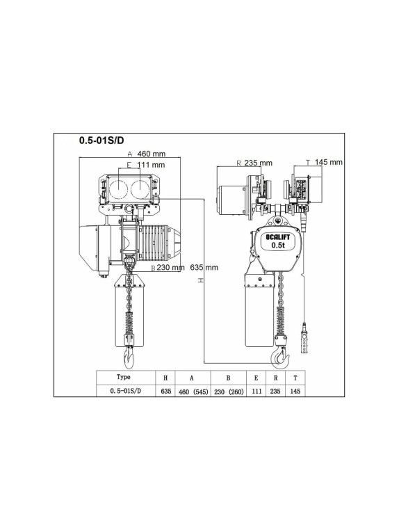 Цепная передвижная электрическая таль OCALIFT 005-01S г/п 0,5Т, высота 3м, 380в OCA00501ST3m
