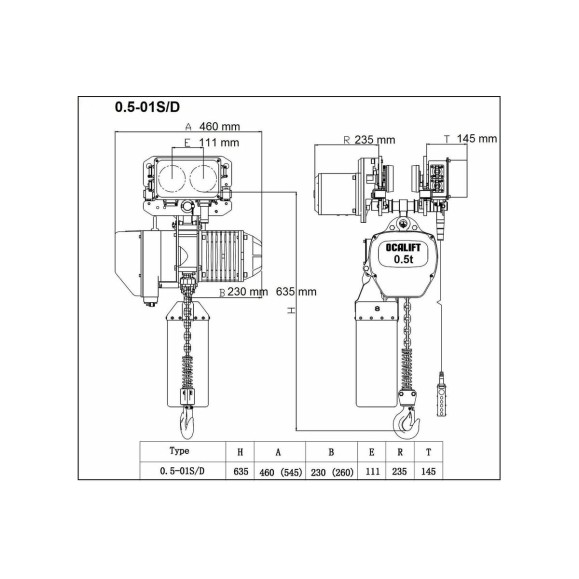 Цепная передвижная электрическая таль OCALIFT 005-01s г/п 0,5Т, высота 4,5м, 380в OCA00501ST45m