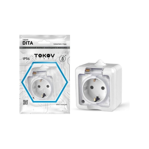 Розетка 1-м TOKOV ELECTRIC оп dita 16а ip54 250в с заземл. с прозр. крышкой бел. TKL-DT-R1Z-C01T-IP54