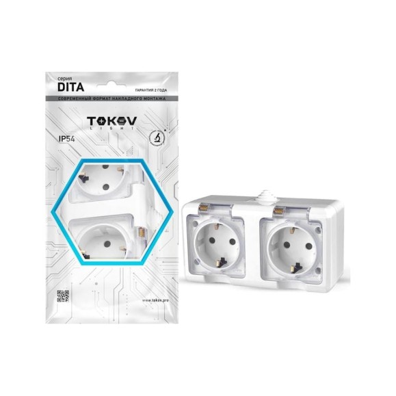 Розетка 2-м TOKOV ELECTRIC оп dita 16а ip54 250в с заземл. с прозр. крышкой бел. TKL-DT-R2Z-C01T-IP54