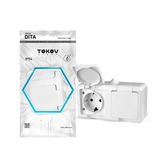 Розетка 2-м TOKOV ELECTRIC оп dita 16а ip54 250в с заземл. с крышкой бел. TKL-DT-R2Z-C01-IP54
