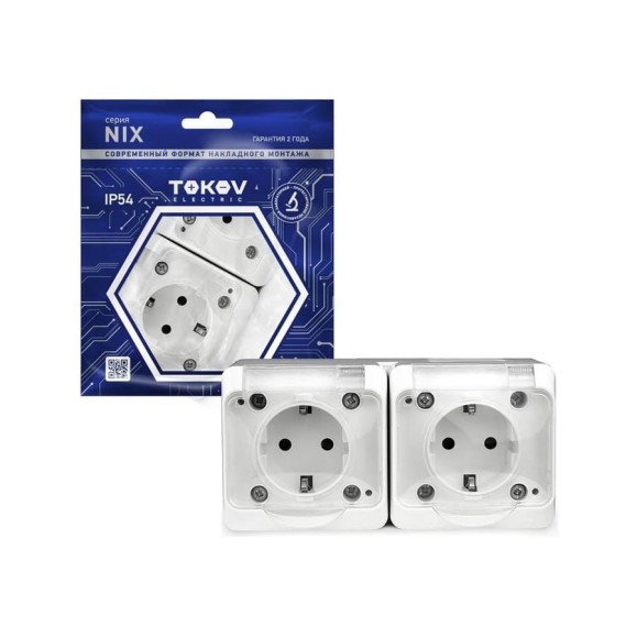 Розетка 2-м TOKOV ELECTRIC оп nix 16а ip54 250в с заземл. с прозр. крышкой бел. TKE-NX-R2Z-C01T-IP54