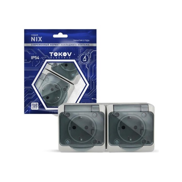 Розетка 2-м TOKOV ELECTRIC оп nix 16а ip54 250в с заземл. с прозр. крышкой сер. TKE-NX-R2Z-C06T-IP54