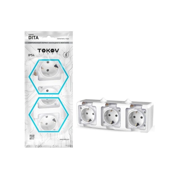 Розетка 3-м TOKOV ELECTRIC оп dita 16а ip54 250в с заземл. с прозр. крышкой бел. TKL-DT-R3Z-C01T-IP54