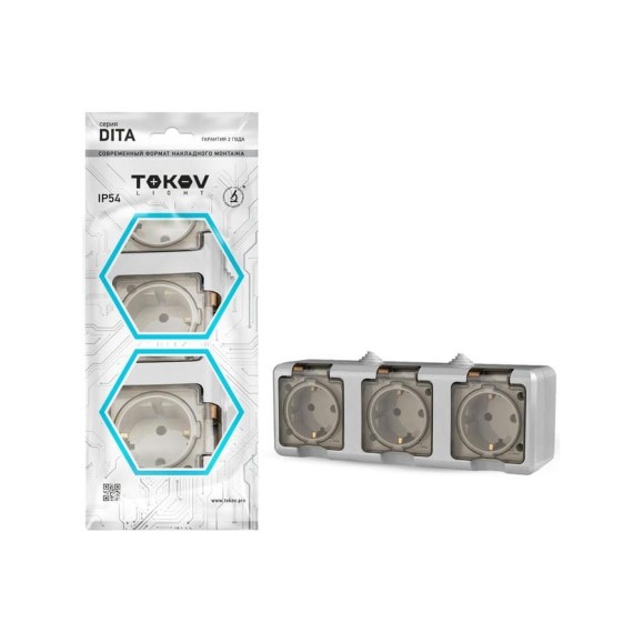 Розетка 3-м TOKOV ELECTRIC оп dita 16а ip54 250в с заземл. с прозр. крышкой сер. TKL-DT-R3Z-C06T-IP54