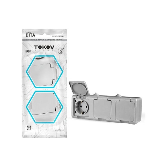 Розетка 3-м TOKOV ELECTRIC оп dita 16а ip54 250в с заземл. с сер. крышкой сер. TKL-DT-R3Z-C06-IP54