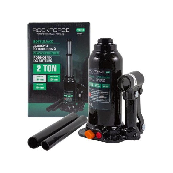 Бутылочный двухштоковый домкрат Rockforce 2 т, с клапаном, 170-370 мм, ход штока 160 мм RF-TF0202(BR)(Euro)