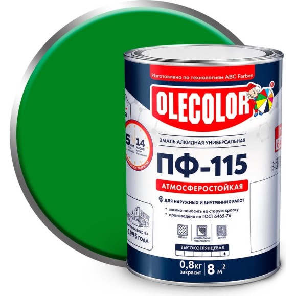 Эмаль OLECOLOR ПФ-115 ярко-зеленый, 0.8 кг 4300000251 Эмаль OLECOLOR ПФ-115 ярко-зеленый, 0.8 кг 4300000251