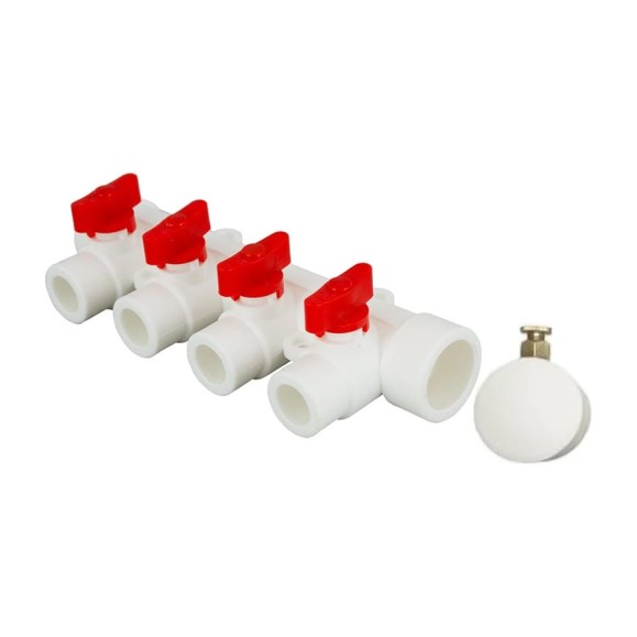 Коллектор с воздухоотводчиком MeerPlast ду32/4x20w красный D200-00012 Коллектор с воздухоотводчиком MeerPlast ду32/4x20w красный D200-00012