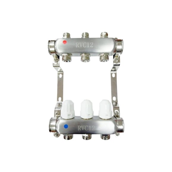 Коллекторный блок Rvc ТП нержавеющая сталь, 1 (DN25) 12x3/4 (евроконус), c вентильными вставками 10373