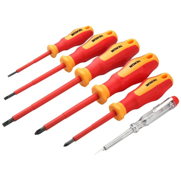 Набор диэлектрических отверток vde Wokin 6 шт, SL3x75, SL4x100, SL5.5x125, PH1x80, PH2x100 + индикаторная отвертка 3x140 мм 1352700