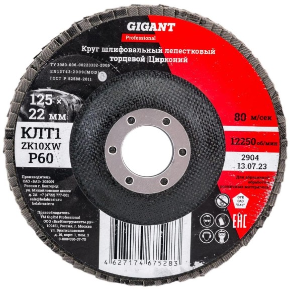 Круг лепестковый Professional 125х22.2 мм, P60, цирконий Gigant GNT-P60