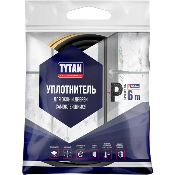 Уплотнитель для окон и дверей Tytan Professional p 6 м, 9x5.5 мм, черный 260669 19880