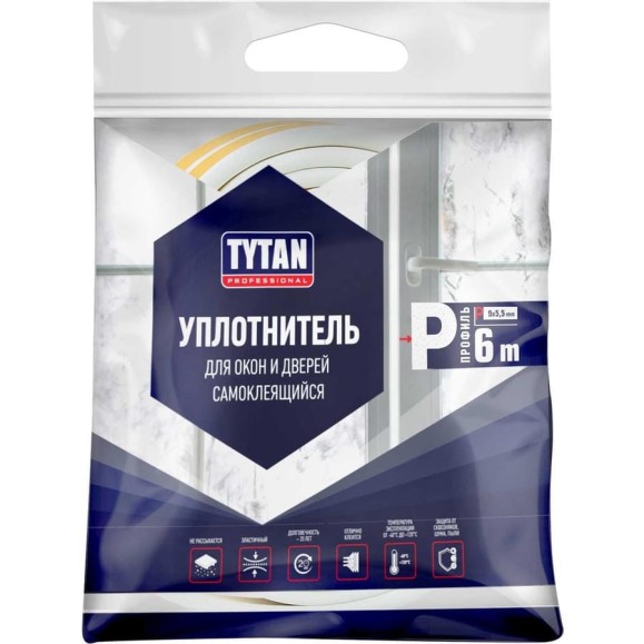 Уплотнитель для окон и дверей Tytan Professional p 6 м, 9x5.5 мм, белый 260670 19767