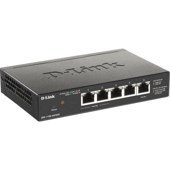 Настраиваемый l2 коммутатор d-link с 5 портами 10/100/1000base-t 2 порта poe, 1 порт для питания коммутатора по poe DGS-1100-05PDV2/A1A