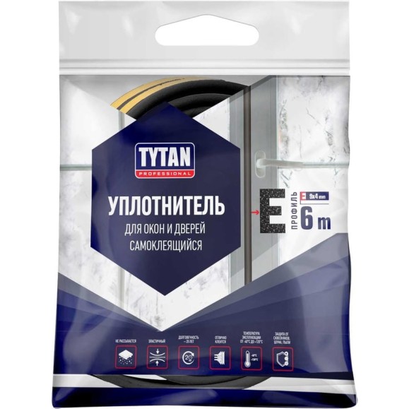 Уплотнитель для окон и дверей Tytan Professional e 6 м, 9х4 мм, черный 260672