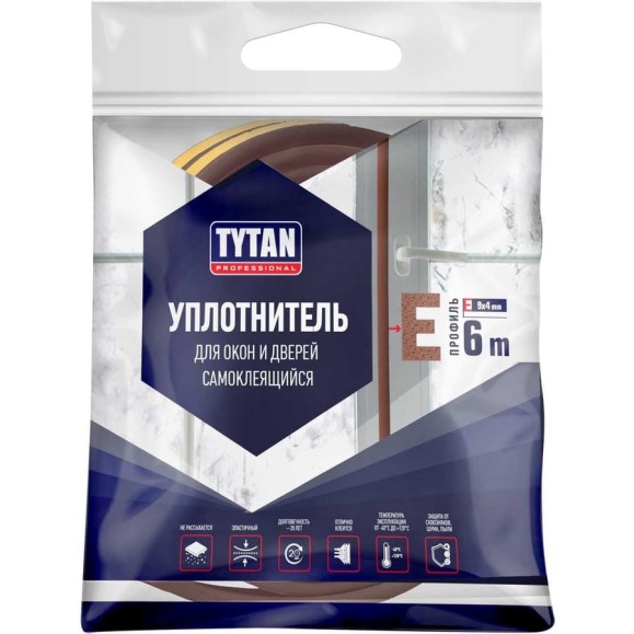 Уплотнитель для окон и дверей Tytan Professional e 6 м, 9х4 мм, коричневый 260674 19668