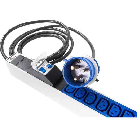 Блок силовых розеток Rem -MC, IEC 60309 C13x24, IEC 60320 С19x6, вход IEC 320 309 3PN, шнур 3 м, 1463x45x60 мм (ВхШхГ), 32А, для шкафов, автомат, алюминий R-MC1-32-24C13-6C19-A-MI-1420-3-2P