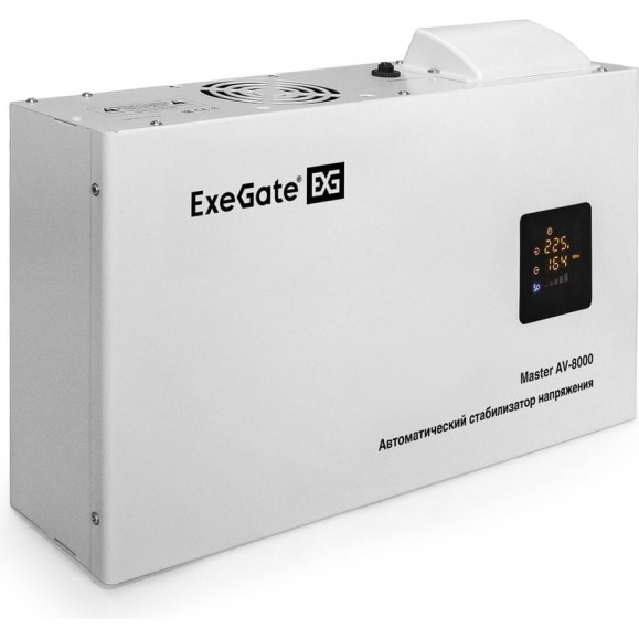 Стабилизатор напряжения ExeGate Master AV-8000 8000ВА, 140-260В, цветной дисплей, 220В-8%, КПД 98%, 5 уровней защиты, задержка, усиленный метал.корпус, клем.кол 291742 Стабилизатор напряжения ExeGate Master AV-8000 8000ВА, 140-260В, цветной дисплей, 220В-8%, КПД 98%, 5 уровней защиты, задержка, усиленный метал.корпус, клем.кол 291742