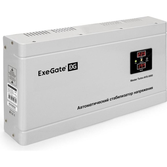 Стабилизатор напряжения ExeGate Master Turbo AVS-3000 3000ВА, 100-265В, цифр. индикация вход вых. напряжения, 220В-8%, КПД 98%, 5 уровней защиты, задержка, усил 291748