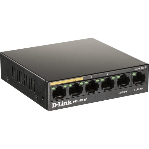 Неуправляемый коммутатор d-link с 6 портами 10/100base-tx, 4 порта poe 802.3af/at, poe-бюджет 55 вт, дальность до 250 м DSS-100E-6P/A1A