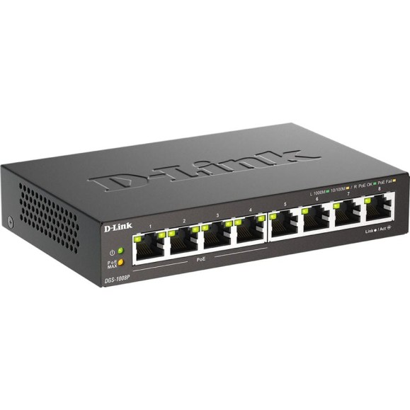 Неуправляемый коммутатор d-link с 8 портами 10/100/1000base-t, 4 порта poe 802.3af/at, poe-бюджет 80 вт DGS-1008P/F1A