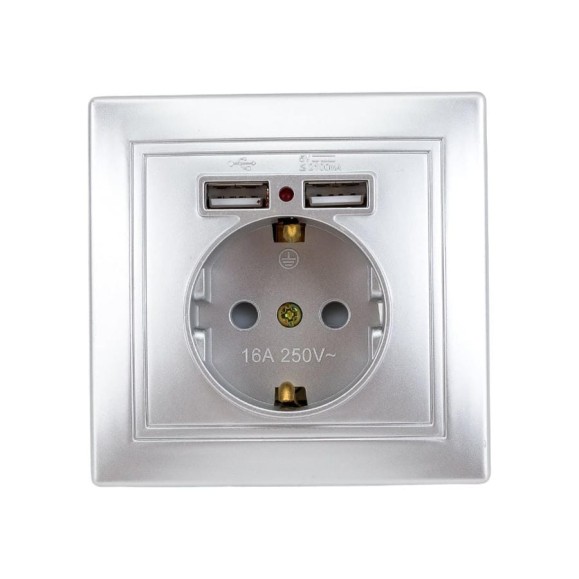 Розетка+USB Intro 141003 IP20, СУ, Plano, алюминий Б0043249