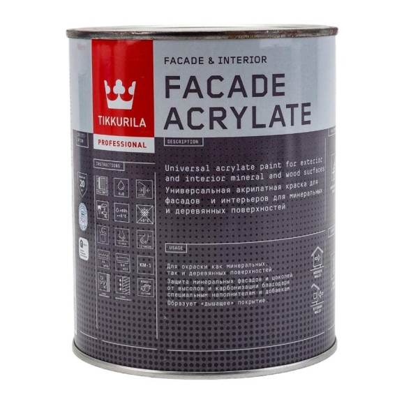 Краска Tikkurila FACADE ACRYLATE акрилатная, универсальная для фасадов и интерьеров, база A 0,9л 205604 700012339