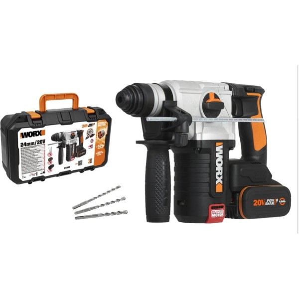 Перфоратор аккумуляторный бесщеточный WORX, 20 В, 4 А·ч x 2, ЗУ 2 А, кейс WX380