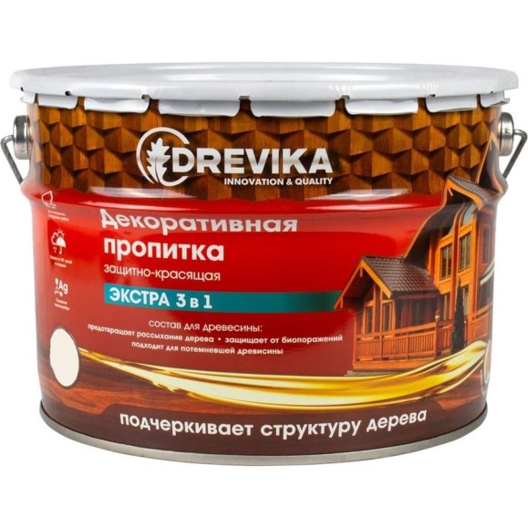 Декоративная пропитка Drevika экстра 3 в 1 белый, 9 л 255371