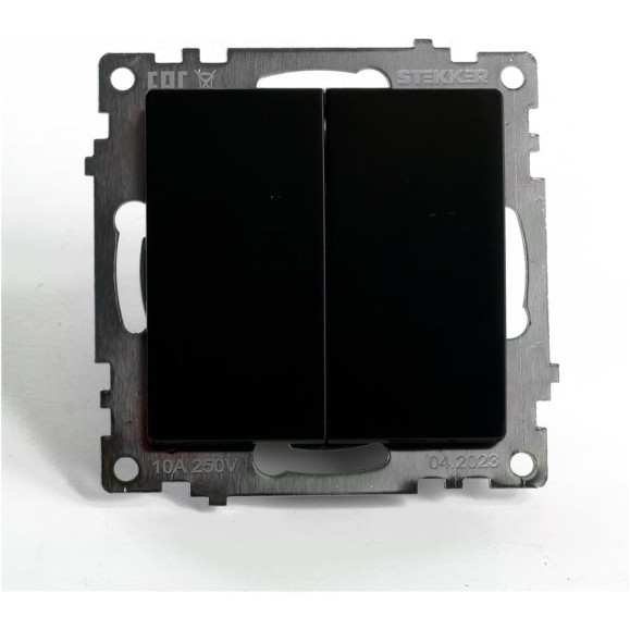 2-клавишный переключатель (механизм) STEKKER gls10-7107-05, 250v, 10а, серия катрин, черный, 49167