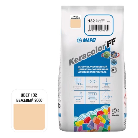 Затирка MAPEI KERACOLOR FF № 132, 2 кг, бежевый 2000 5QA013202A
