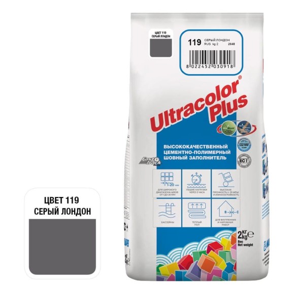 Затирка MAPEI ULTRACOLOR PLUS № 119, 2 кг, серый Лондон 6011902A Затирка MAPEI ULTRACOLOR PLUS № 119, 2 кг, серый Лондон 6011902A