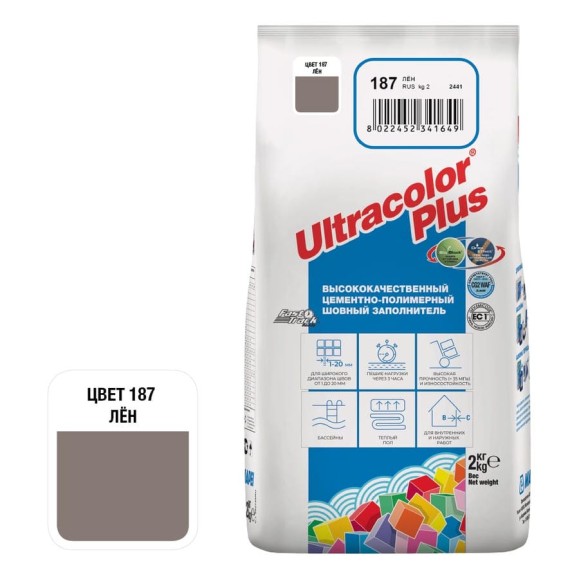 Затирка MAPEI ULTRACOLOR PLUS №  187/2 кг, Лён 60018702A