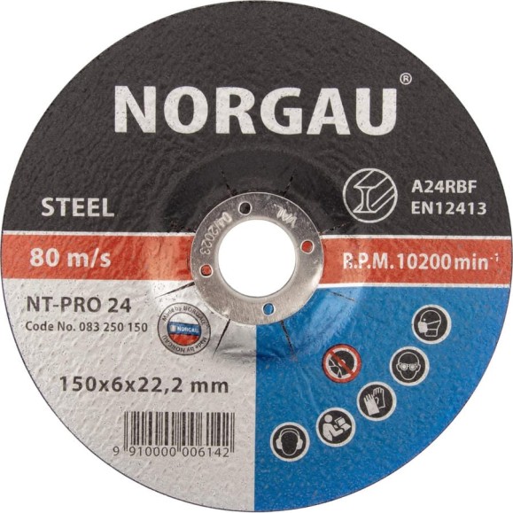 Диск шлифовальный армированный по стали NT-PRO 24 (150x6х22.2 мм) NORGAU 083250150 Диск шлифовальный армированный по стали NT-PRO 24 (150x6х22.2 мм) NORGAU 083250150