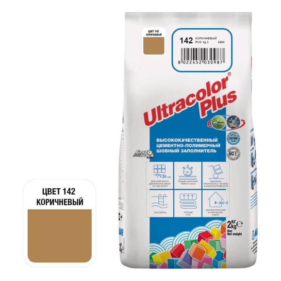 Затирка MAPEI ULTRACOLOR PLUS №142 для швов с водоотталкивающим и антигрибковым эффектом, коричневый 2кг 6658 6014202A