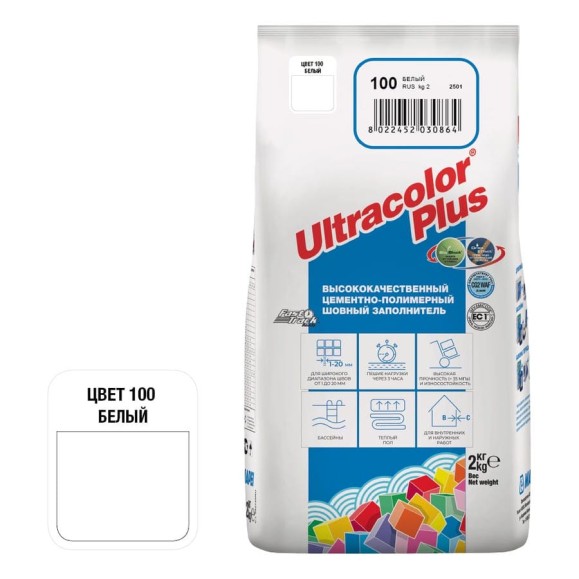 Затирка MAPEI ULTRACOLOR PLUS №100 для швов с водоотталкивающим и антигрибковым эффектом, белый 2кг 6622 6010002A