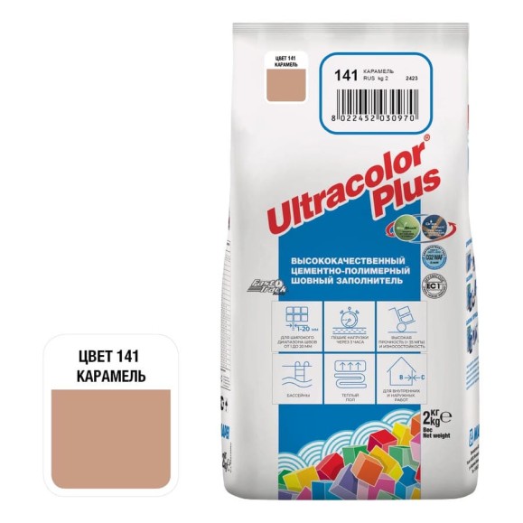 Затирка MAPEI ULTRACOLOR PLUS №141 для швов с водоотталкивающим и антигрибковым эффектом, карамель 2кг 6657 6014102A